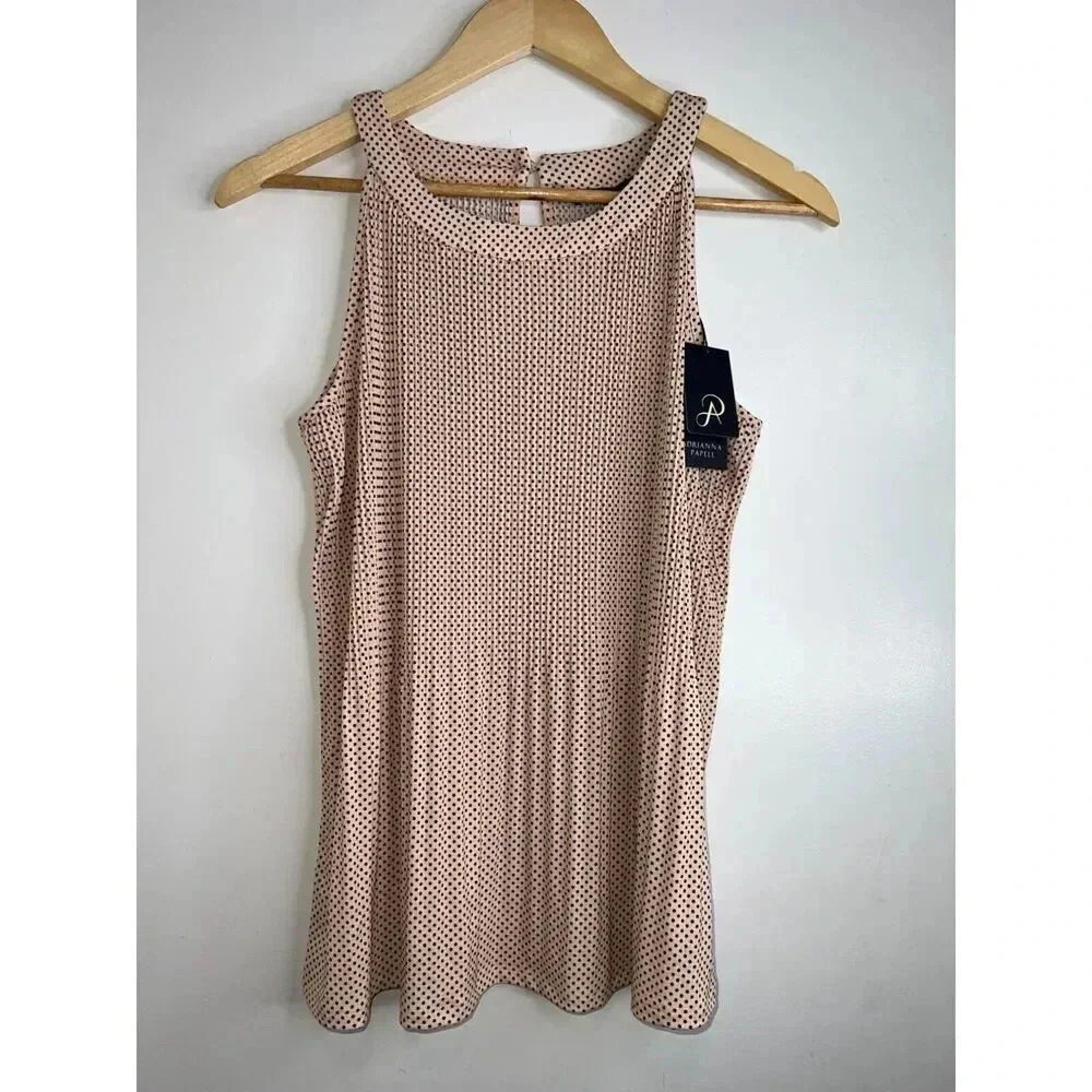 Adrianna Papell size Small pleated dot sleeveless shirt tank pink blouse NWT